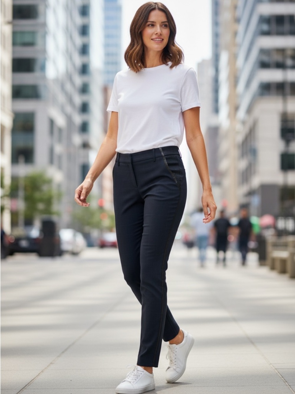 Maje Check Wool Leather Trim Trousers in Gray/Black Size XS